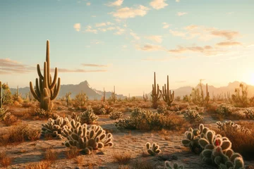 Papier Peint photo Cactus A desert full of cactus. Panorama with dry desert cactuses. Generative AI