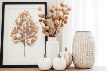 Fall decor in neutral colors. Poster, pumpkins, dry plants. Generative AI