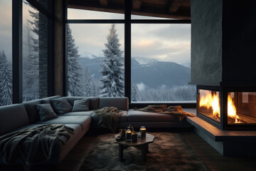 Living room with fireplace and panoramic window with view on the mountains. Generative AI