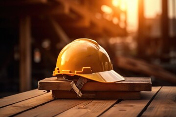 A yellow helmet sits on a wooden work platform with sunset lighting behind it, labor day, workers day