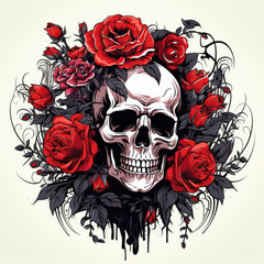 Skull surround with Dark Red Roses