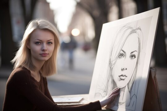 an attractive young woman holding a blank sign surrounded by anamorphic art