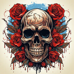 Skull surround with Dark Red Roses