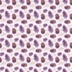 Pine in light pink watercolors for a repetitive pattern. Coniferous pine cones with slight gold touches in repetition background, seamless tiles. Pale magenta