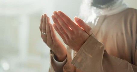 Islam, prayer and hands of man in mosque with dua mindfulness and gratitude in faith for Eid. Worship, religion and Muslim person in holy temple praise, spiritual teaching and peace in ramadan.