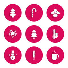 Set Christmas tree, Meteorology thermometer measuring, Coffee cup, snowman, star, angel and icon. Vector