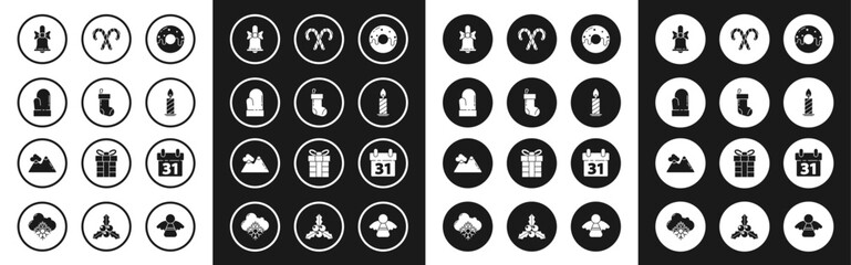 Set Donut with sweet glaze, Christmas stocking, mitten, Merry ringing bell, Burning candle candlestick, candy cane stripes, Calendar and Mountains icon. Vector