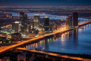 Nighttime aerial view of New Orleans skyline with traffic crossing the Mississippi River. Generative AI