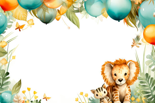 Watercolor illustration of a cute lion with flowers, butterflies and balloons