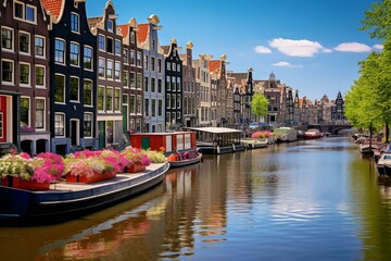Vibrant riverside buildings in Amsterdam, a charming springtime view. Generative AI