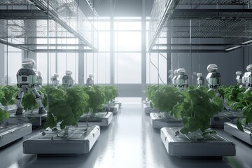 robots growing vegetable in a modern greenhouse