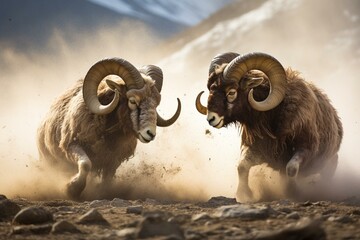Two rams battle with their horns. Generative AI - obrazy, fototapety, plakaty