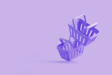 Obraz premium Flying cartoon shopping baskets on purple background. Minimal style empty grocery shopping cart. 3D render illustration
