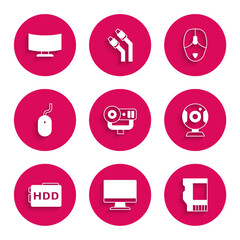 Set Web camera, Computer monitor screen, SD card, Hard disk drive HDD, mouse, and icon. Vector