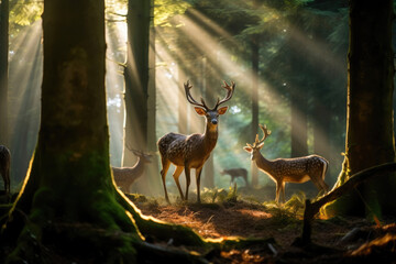 Wildlife in Wonderland: Deer Grazing in Sunlit Forest