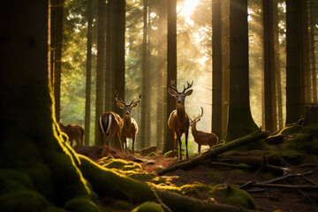 Fototapeta na wymiar Forest Guardians: Deer Family Amidst Shadows