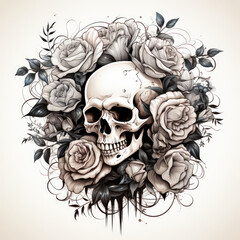 Skull Black and White Line Surrounded with Roses