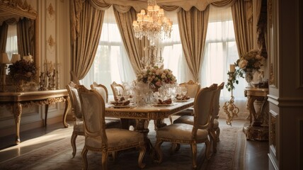 Fototapeta na wymiar Interior design inspiration of Traditional Classic style home dining room loveliness decorated with Wood and Marble material and Centerpiece .Generative AI home interior design .