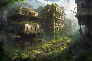 Fototapeta na wymiar Illustration of an abandoned post-apocalyptic city overtaken by lush vegetation. Generative AI