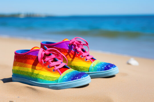 Sunny Beach Fun: Teens' Colorful Dancing Shoes © AIproduction