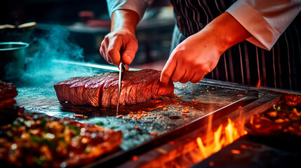 Fototapeta premium Grill restaurant kitchen. close up A chef in black cooking gloves uses a knife to cut smoked pork ribs.