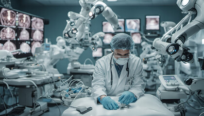 Surgeon Harnessing AI and Robotics in High-Tech Operating Theater: A Vision of Precision and Innovation in Healthcare.