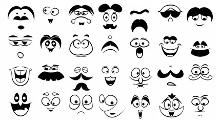Funny retro cartoon character face drawing set on isolated background. Black and white vintage animation art style bundle. Trendy 50s mascot, facial expression graphic, mascot gesture sticker