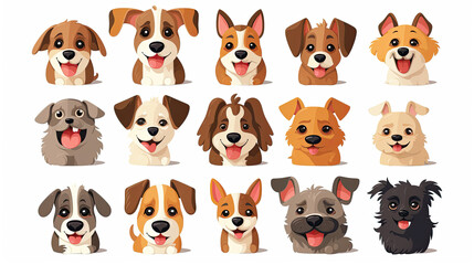 Funny dog animal head cartoon set in modern flat illustration style. Cute puppy pet collection, diverse breeds - domestic dogs bundle.