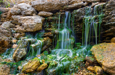 Small waterfall on stones covered with freshwater green algae Enteromorpha sp.