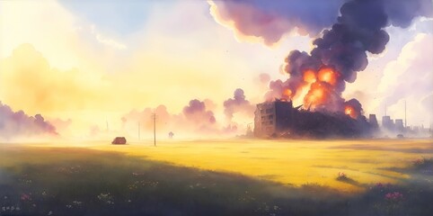 Apocalipse landscape with beautiful flowers. AI generated illustration