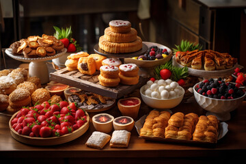 Fototapeta na wymiar Delectable desserts and sweet. Variety of pastries and cakes on a buffet table at a restaurant