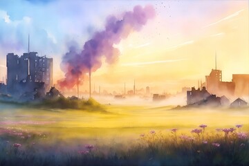 Apocalipse landscape with beautiful flowers. AI generated illustration