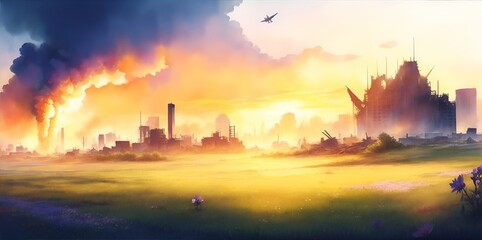 Fototapeta premium Apocalipse landscape with beautiful flowers. AI generated illustration