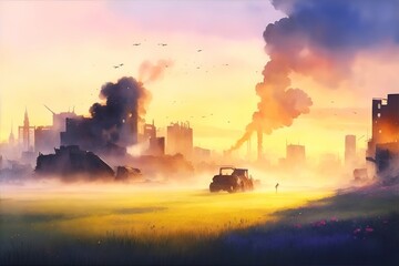 Fototapeta premium Apocalipse landscape with beautiful flowers. AI generated illustration