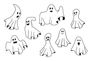 Doodle collection of hand drawn outline ghosts. Sketch design for Halloween. Black sketch cartoon elements on white background. Good for coloring pages, stickers, tatoo.