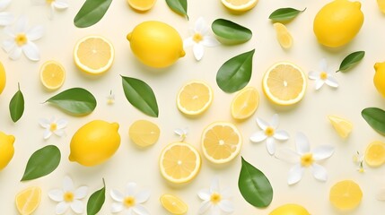 Lemons blossoms and lemons flat lay pattern background.