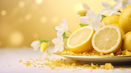 Lemons with flying lemon blossom flower petals. Festive bright summer background.