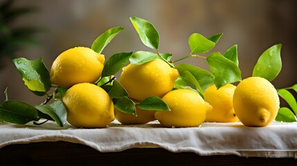 Close up organic lemons on a table. Summer bright rustic background.