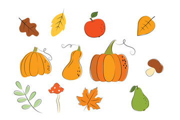Autumn set - orange pumpkins, autumn leaves, mushrooms, apple, pear. illustration in flat simple style with black stroke. vector design element isolated on white background