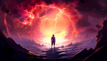 Fototapeta premium Abstract scene of clouds with some color, detailed fantasy art, dark orange and violet, surreal landscapes, clouds with some stars on them, in the style of surrealistic fantasy landscapes.