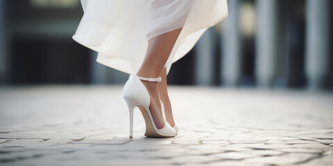 Bride feet walking with white heels. Closeup of woman legs in white bridal high heel shoes. 