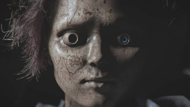 Zoom in into eye of a scary living doll. Damaged android. Cyborg. Artificial intelligence concept.High quality cinematic sci-fi, horror, science-fiction video footage. Abandoned evil toy puppet.