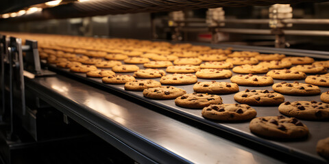 Chocolate chip cookies in production line on a conveyor. Production of classic chocolate chip cookies. 