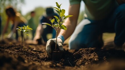 men are planting trees and watering them to help increase oxygen in the air and reduce global warming, Save world save life and Plant a tree - Powered by Adobe