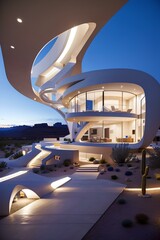 Fototapeta premium Futuristic modern looking home in the desert southwest with sleek design in the evening with lights on