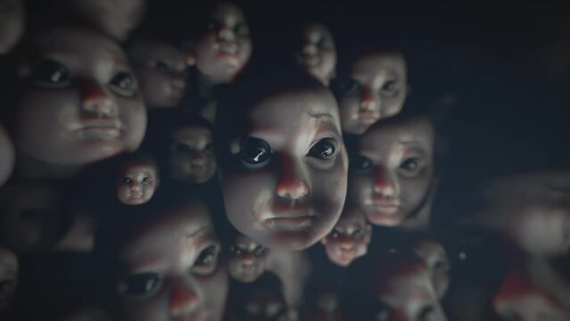 Creepy doll heads with big eyes. Surreal fantasy scene. Abortion concept. Sci-fi, science-fiction video. Dream nightmare. Ghosts of children. Sadness, abandonment. Cinematic scary movie horror scene.