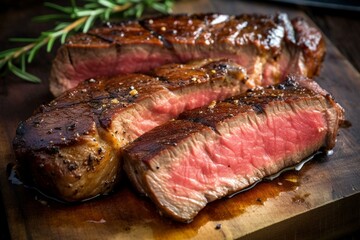 Deliciously seared chunks of succulent New York strip steak. Generative AI
