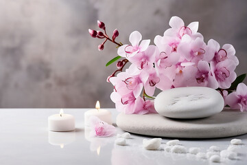 Spa stones, pink flowers and candles on white table.