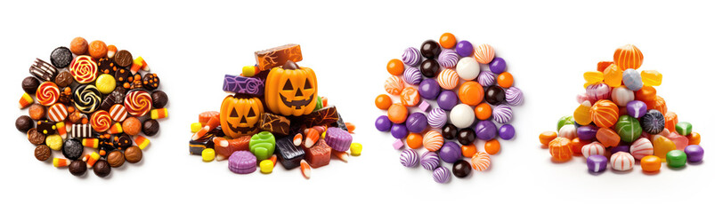 collection of various piles of colorful candy. different colors and shapes. white background. 