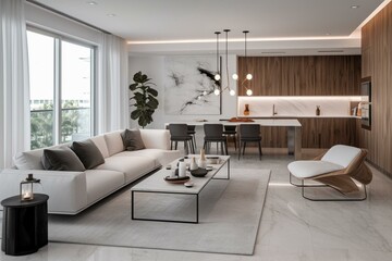 Stylish Miami condo featuring white and wood elements, brought to life with high-quality 3D visuals. Generative AI - obrazy, fototapety, plakaty